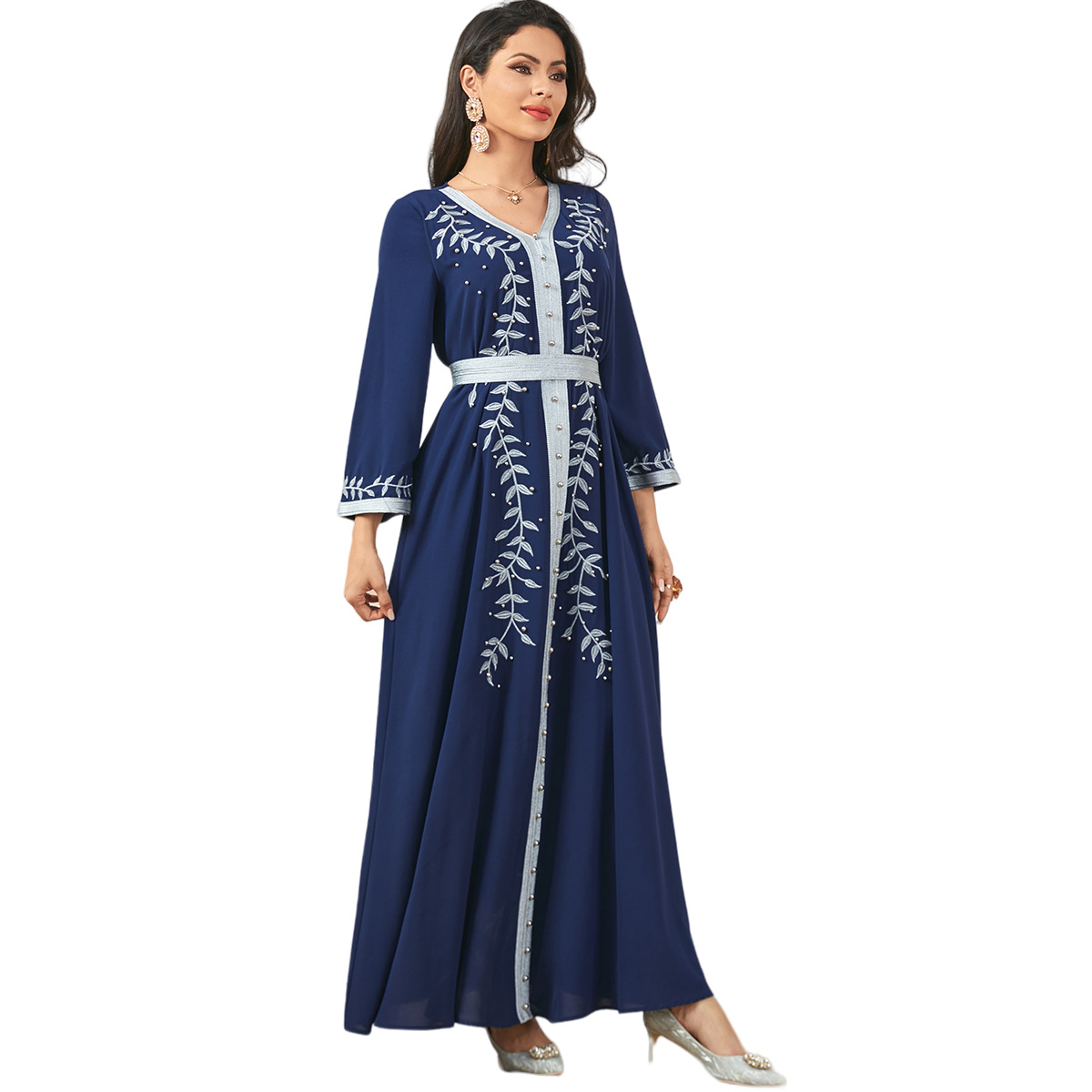 3685 Middle East Cross-Border Foreign Trade Beaded Embroidery Comfortable Casual Women's Arabic Clothing V-Neck Dress - Image 5