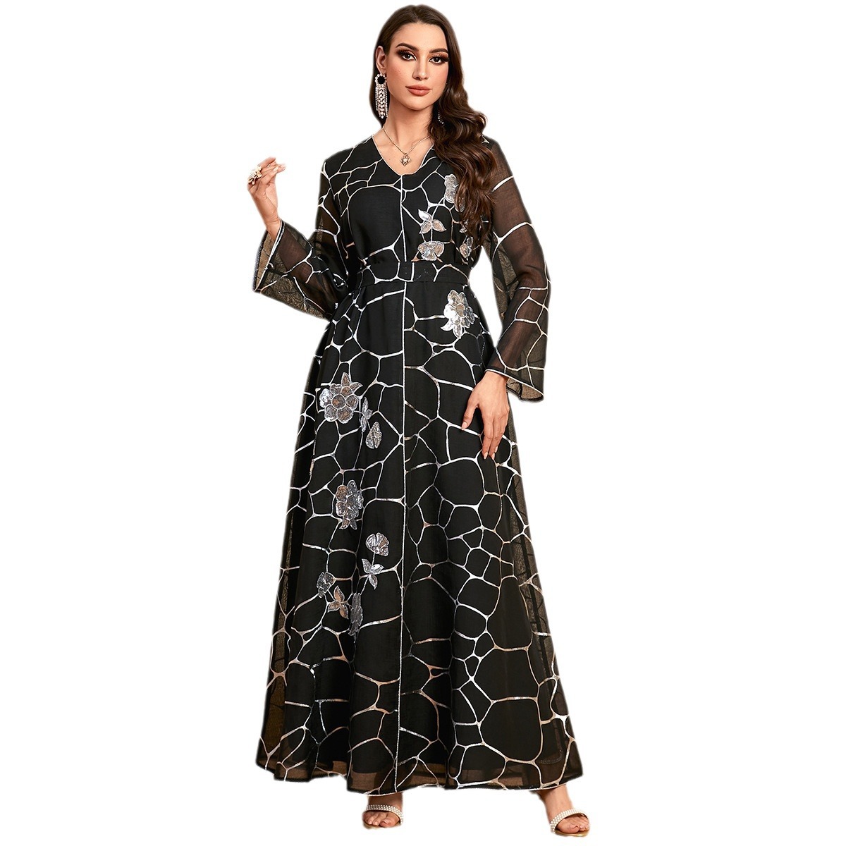 4077 Middle East New Cross-Border Muslim Robe Women's Sequin Appliqué Hot Stamping V-Neck Long-Sleeved Dress - Image 5