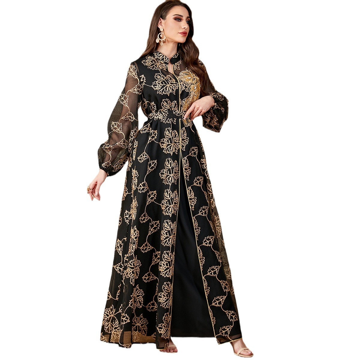 4064 Middle East Cross-Border New Fashion And Elegant Embroidered Women's Muslim Long Skirt Abaya Two-Piece Dress - Image 5