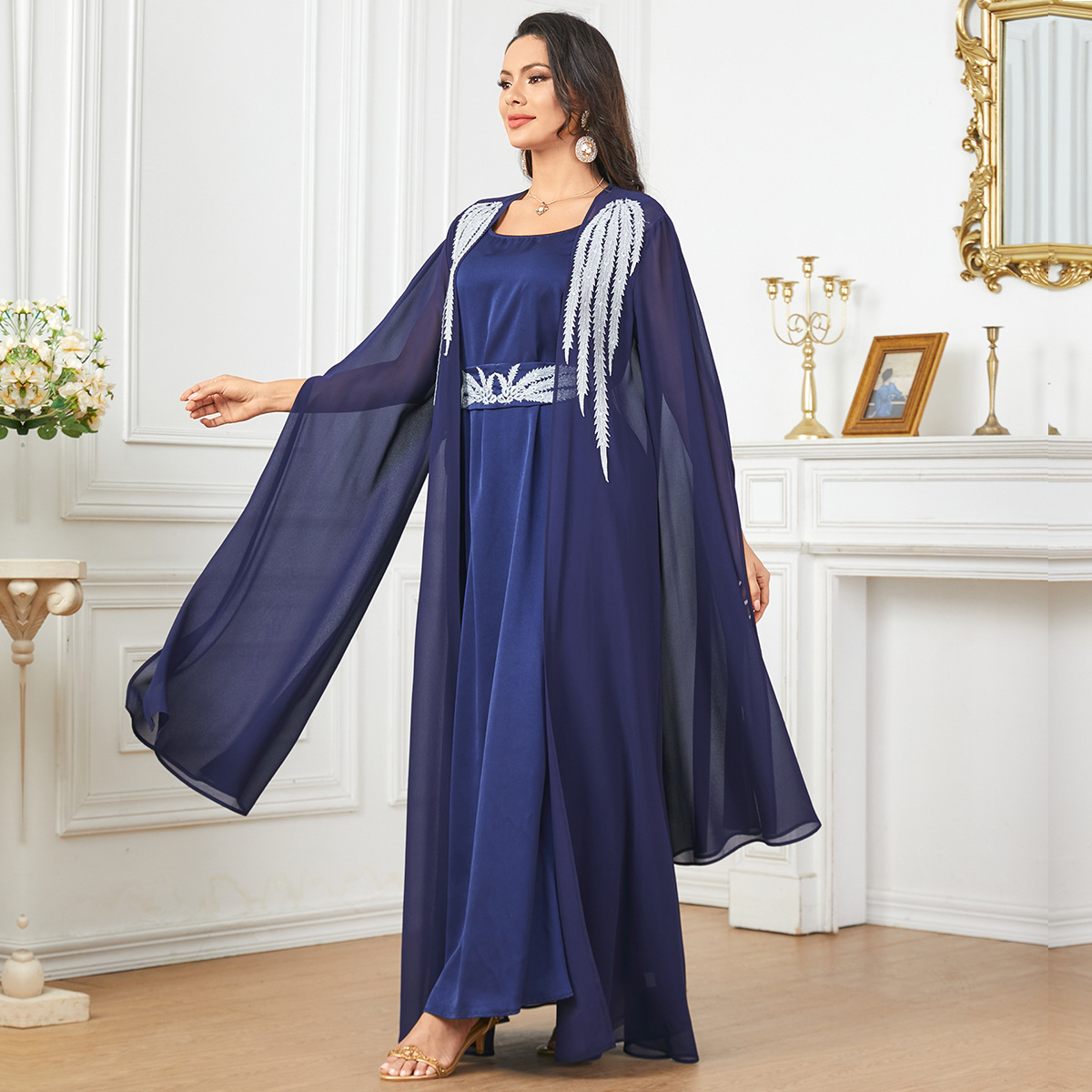 3920 Middle East Amazon Cross-Border New Light Dress With Large Swing Solid Color Loose Robe Two-Piece Dress - Image 4