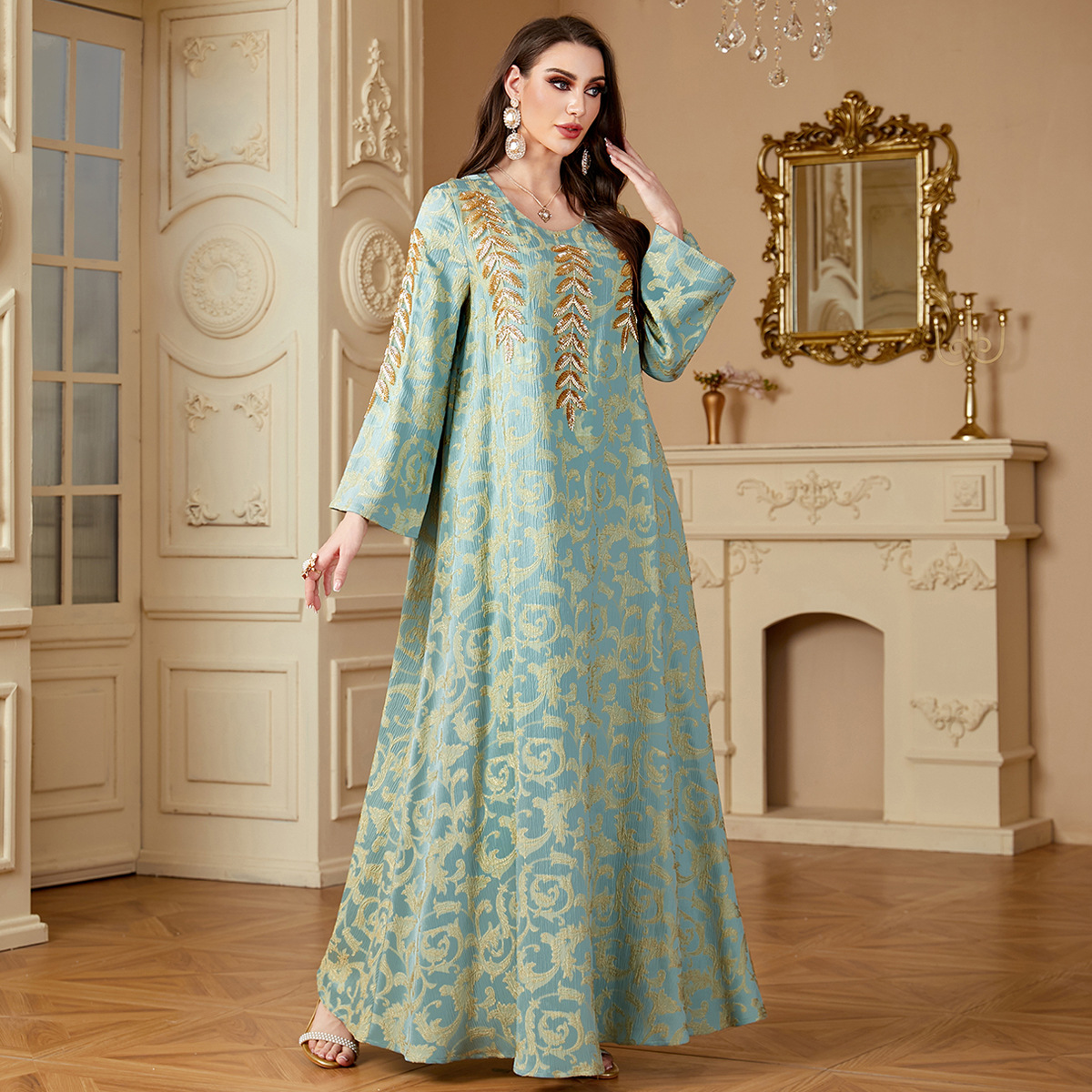 4135 Middle East Cross-Border Muslim Robe Women's Long Skirt Fashionable Jacquard Bead Tube Embroidery Abaya Autumn Dress