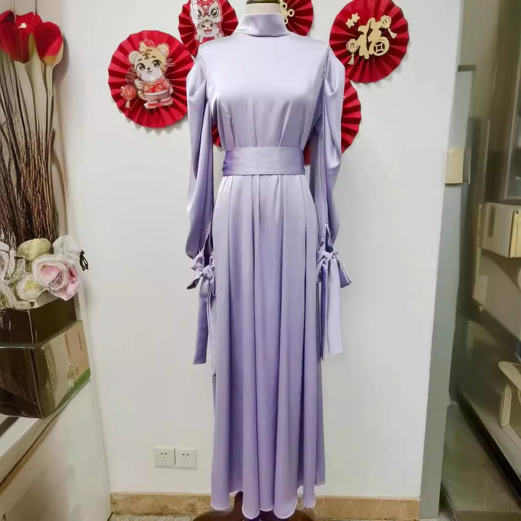 Directly From The Manufacturer, Iduoduo European And American New Model Stand-Up Collar Satin Dress, Soft And Waisted Puff-Sleeved Long Skirt 21488 - Image 3
