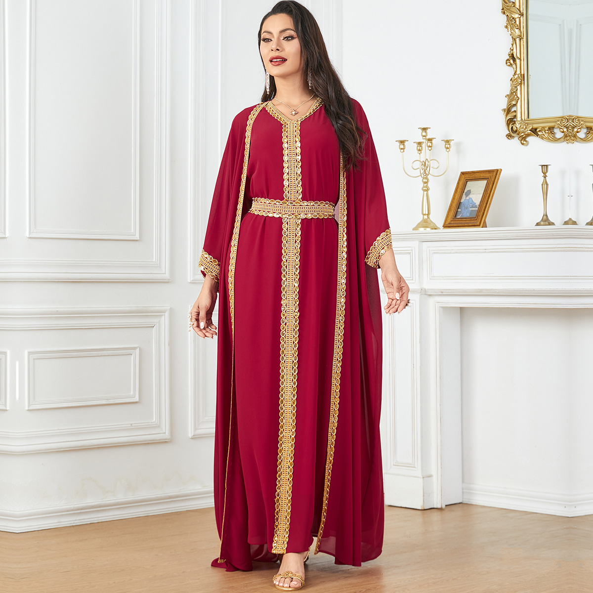 3841 Middle East Foreign Trade Cross-Border 2024 New Muslim Chiffon Solid Color V-Neck Gold Webbing Loose Dress - Image 4