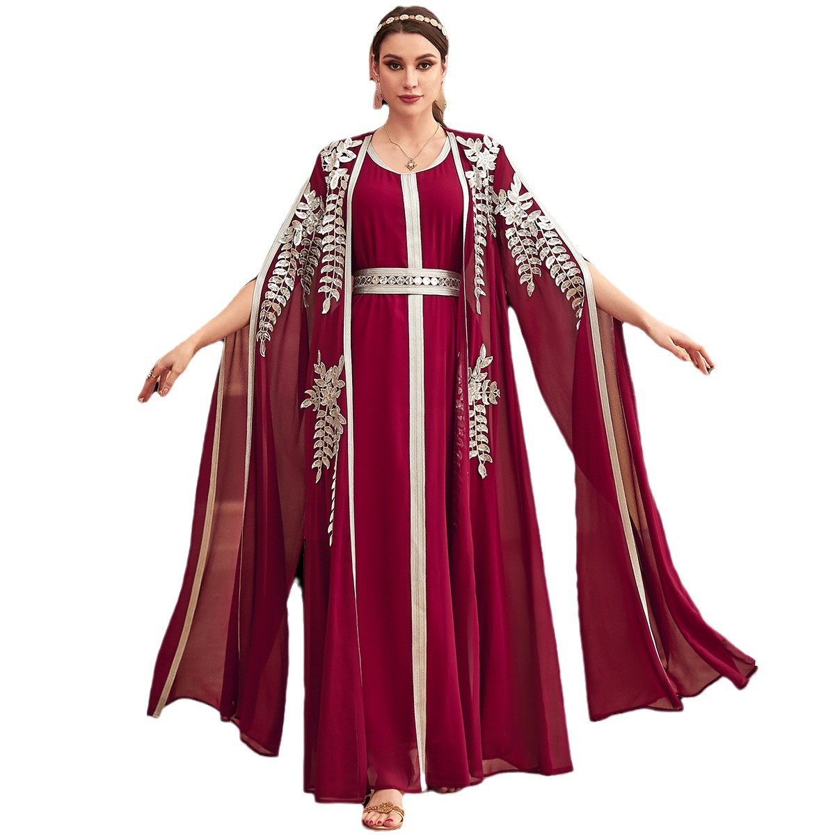 3936 Middle Eastern Muslim Robe Women's Long Skirt Abaya Cross-Border Fashion Dubai Foreign Trade Two-Piece Evening Dress - Image 5