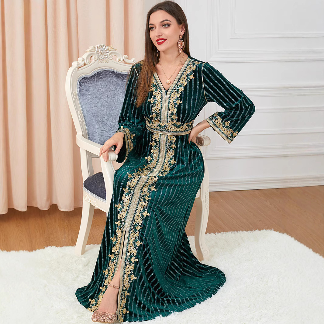 3271 Cross-Border Women's Clothing Downstream Popular Long-Sleeved Slit Autumn And Winter Women's Wear Arabic Velvet Dress