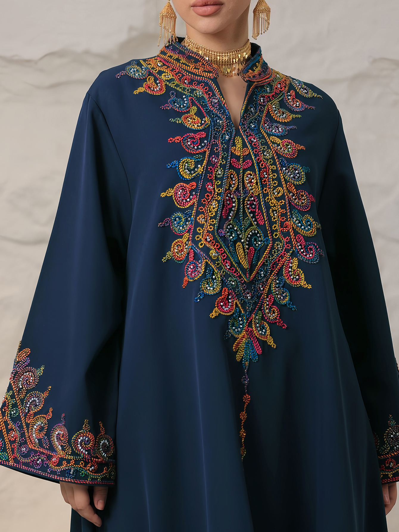 4065 Middle East Cross-Border Robe Muslim Embroidered V-Neck Dress Arabian Dubai Jalabiya Robe - Image 7