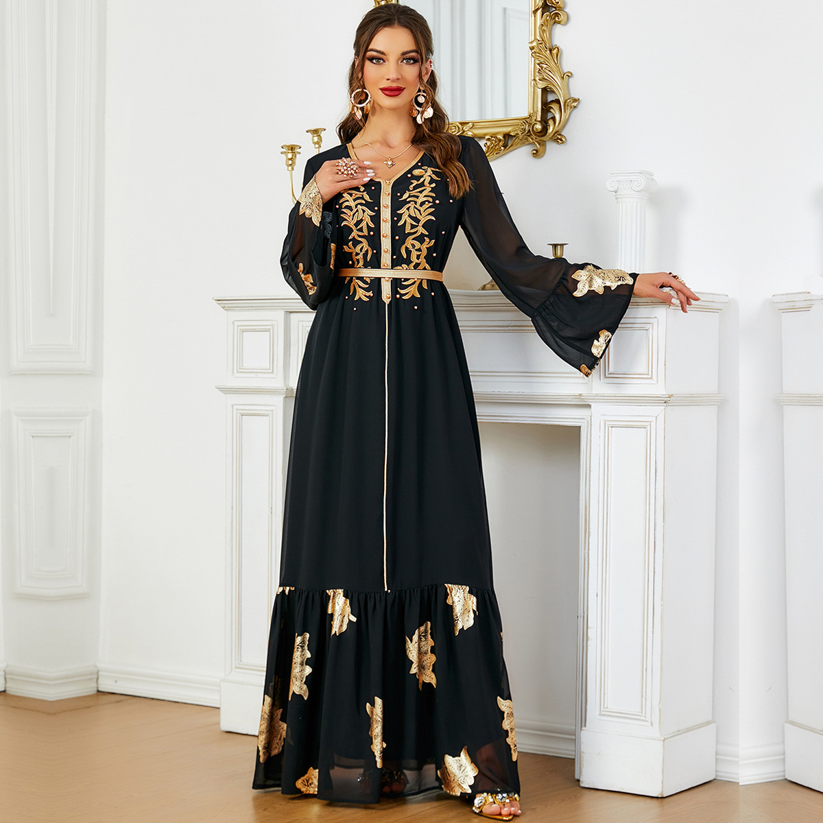 3599 European And American Foreign Trade E-Commerce Middle East Popular Cross-Border Multi-Color Hot Stamping Embroidered Jalabiya Dubai Dress - Image 4