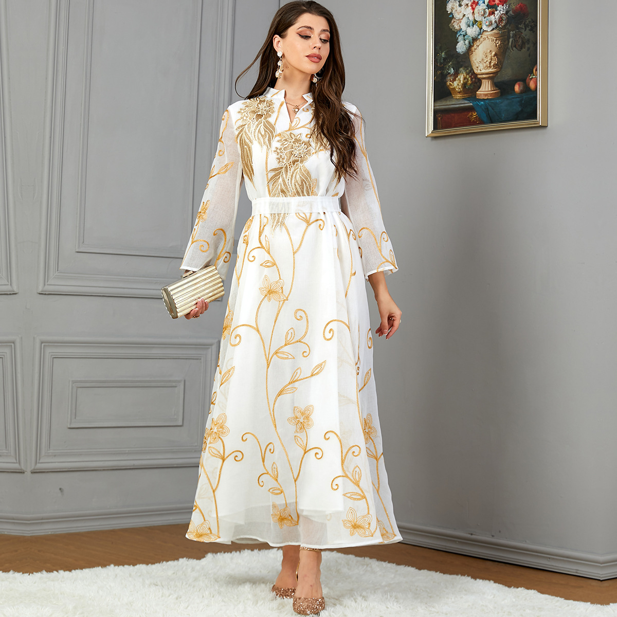 3795 Middle East Cross-Border Mesh Embroidered Muslim V-Neck Women's Dubai Robe Arabian Abaya Dress