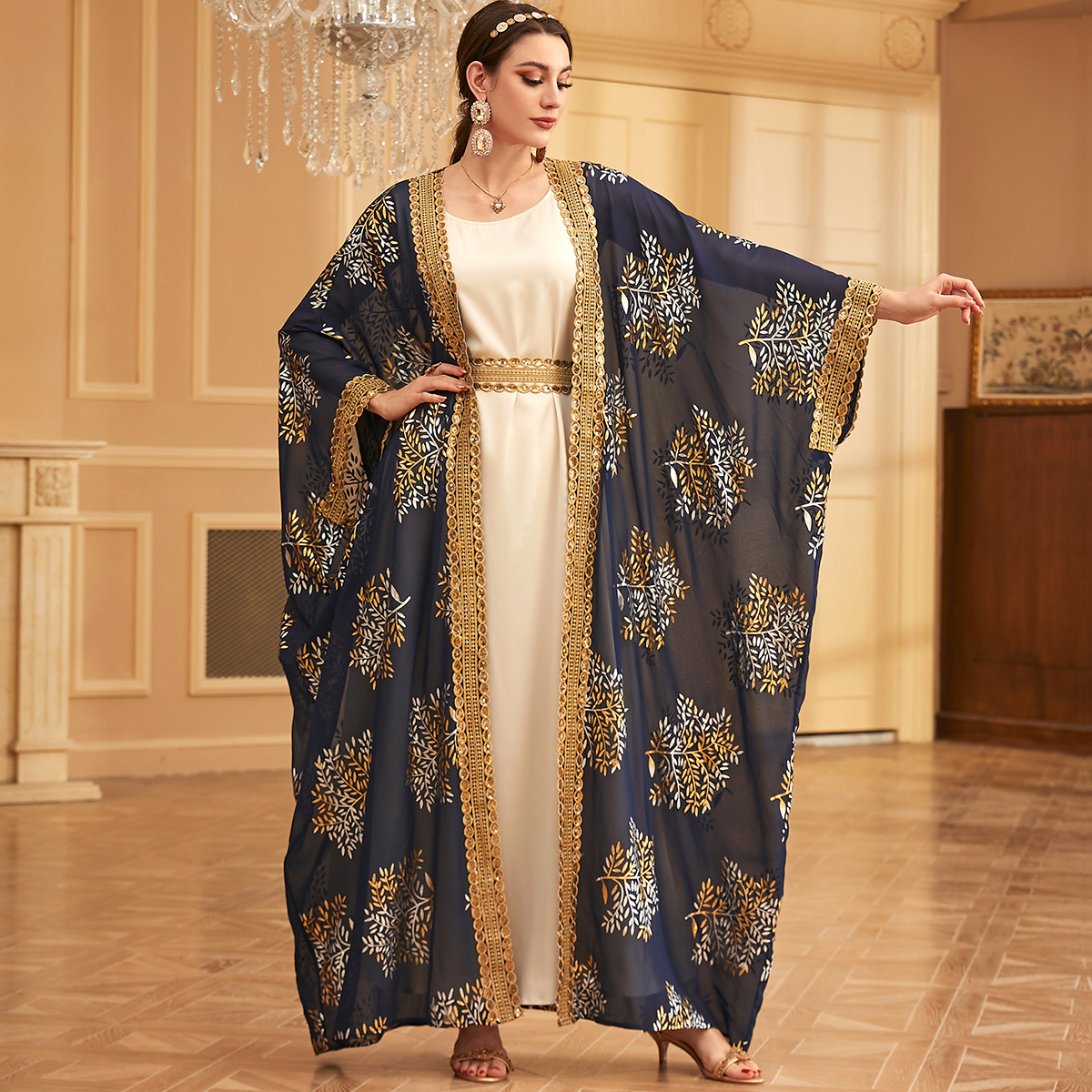 3911 Middle East Dubai Cross-Border Arabian Robe Fashionable Bronzing Two-Piece Dress - Image 2