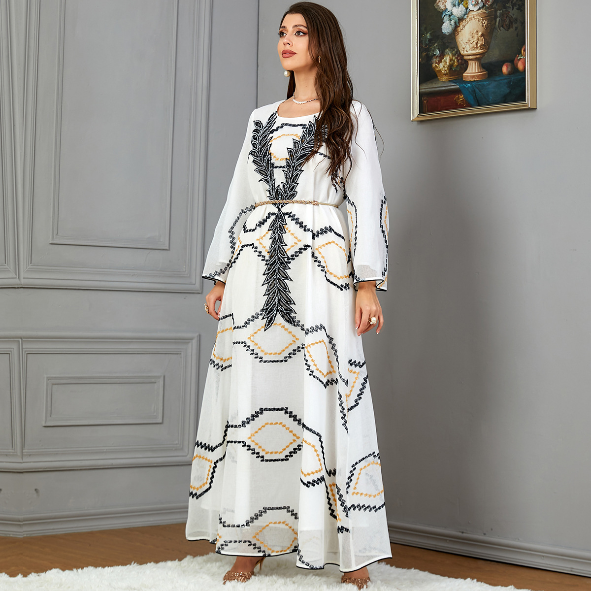 3800 Aliexpress Independent Station Round Neck Mesh Embroidered Arabian Evening Dress Muslim Long Sleeve Dress - Image 3