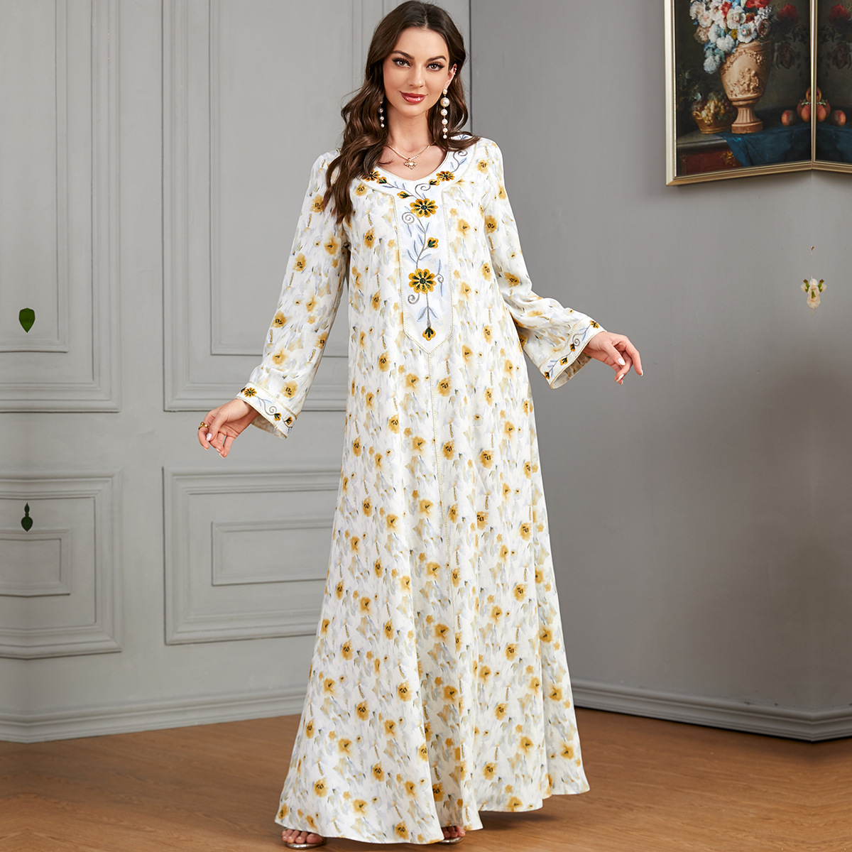 3519 European And American Foreign Trade Cross-Border Middle Eastern Robe Women's Abaya Embroidered Muslim Women's Long-Sleeved Dress - Image 2