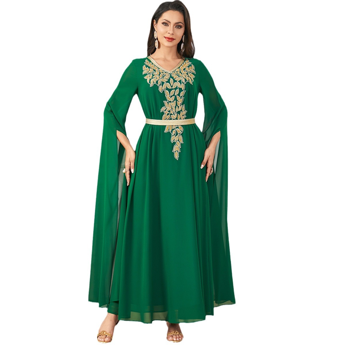 3853 Middle East Amazon Cross-Border New Solid Color Muslim Robe Extra Long Sleeves Wide Swing Women's Dress - Image 5