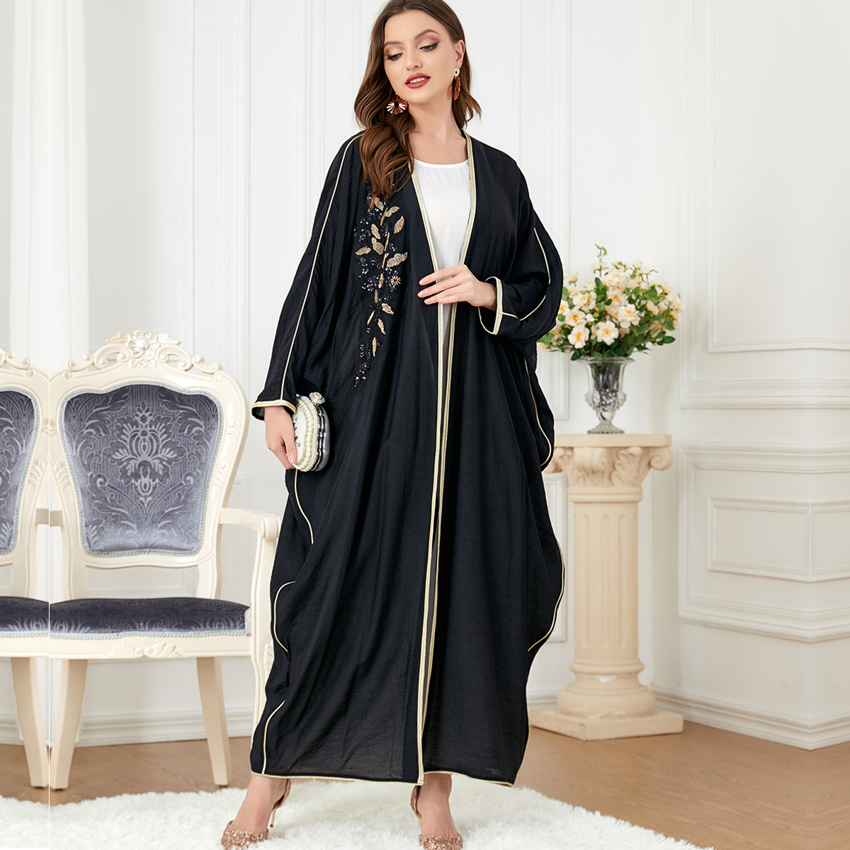 3276Bnsq Muslim Women's Middle East Cross-Border Long-Sleeved Splicing Bat-Sleeve Slim Dress Autumn New Product