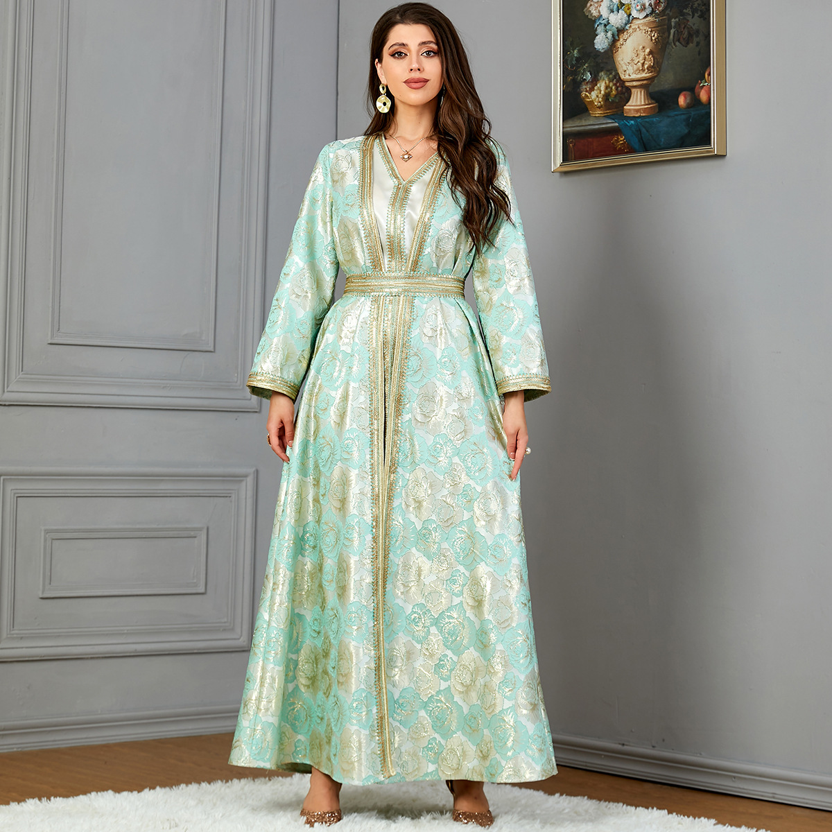 3775 Middle East Arabian 2023 Autumn And Winter New Rose Jacquard Suit Ready-Made Muslim Women's Dress - Image 3