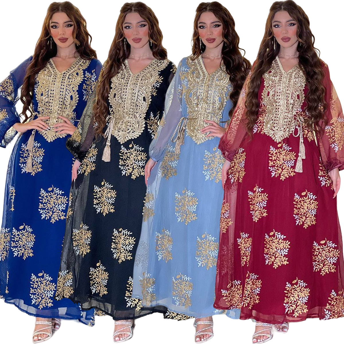 4076 Middle East Cross-Border Foreign Trade New Fashion Embroidered Women's Muslim Robe Arabic Dress Dress