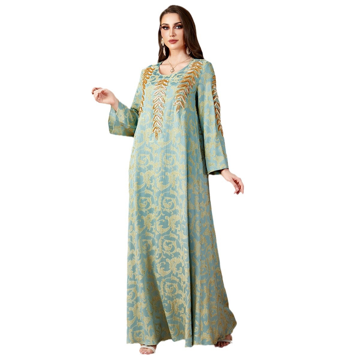 4135 Middle East Cross-Border Muslim Robe Women's Long Skirt Fashionable Jacquard Bead Tube Embroidery Abaya Autumn Dress - Image 5