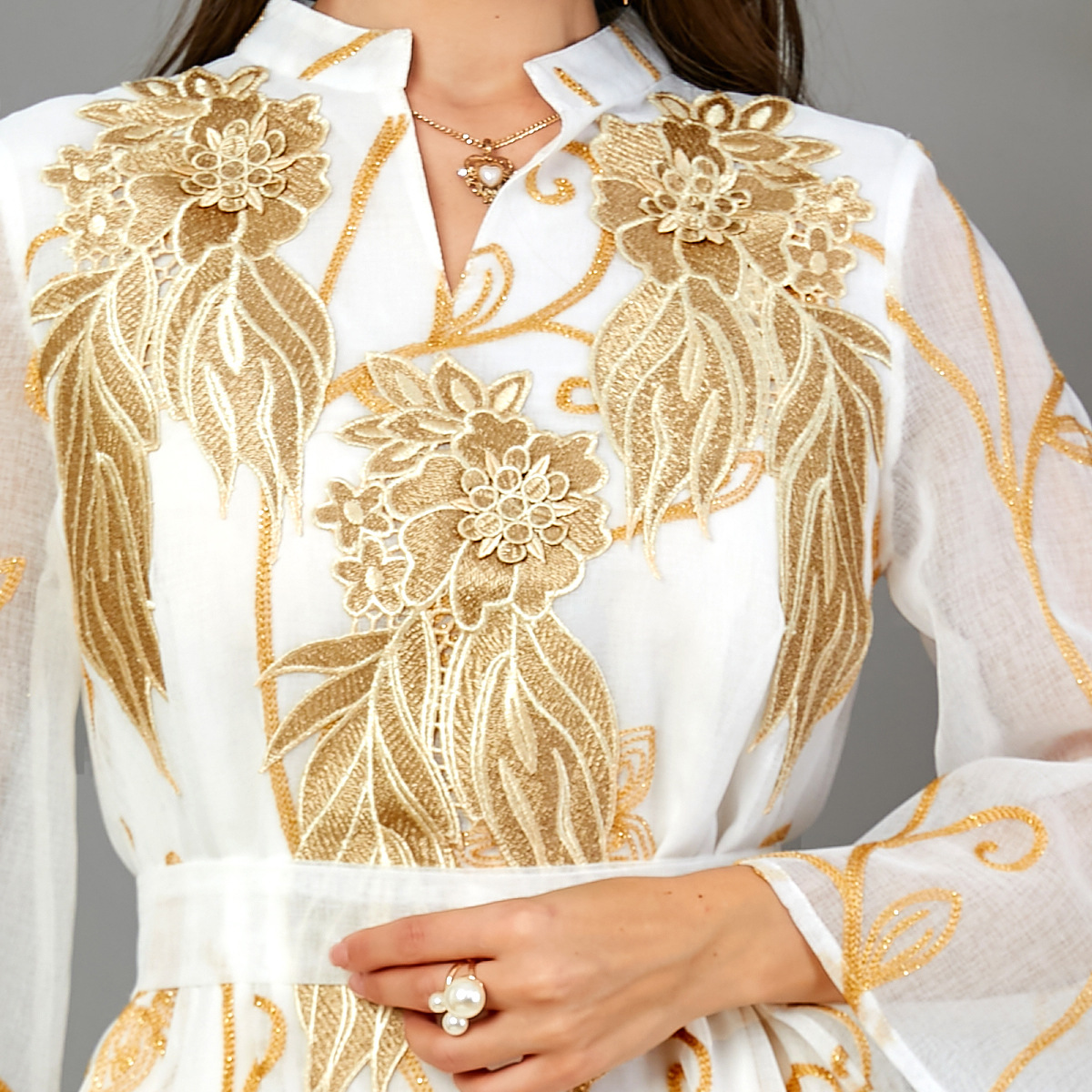 3795 Middle East Cross-Border Mesh Embroidered Muslim V-Neck Women's Dubai Robe Arabian Abaya Dress - Image 4