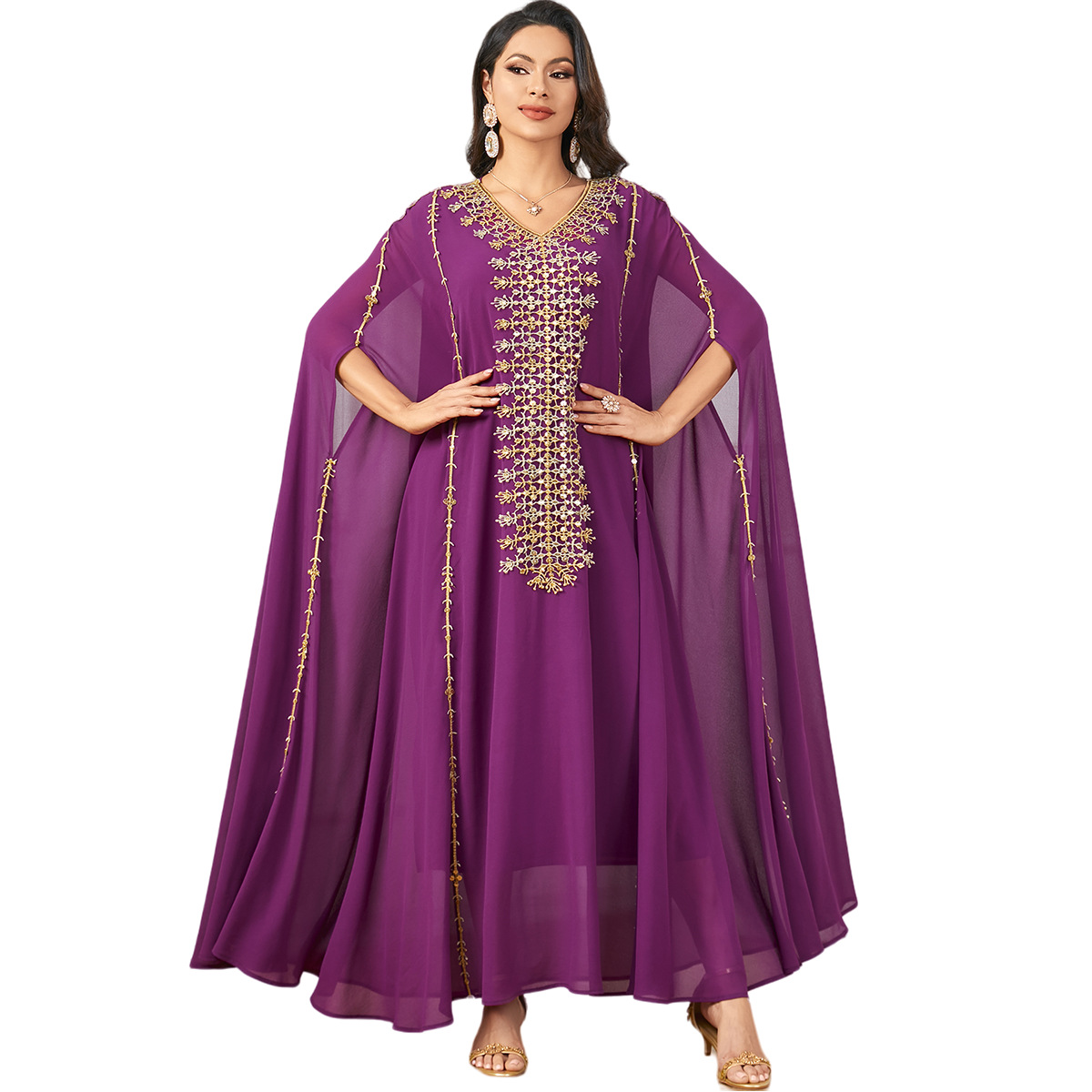 3907 Turkish Middle Eastern Fashion Spliced Embroidered Chiffon Loose Women's Muslim Robe Bat Sleeve Dress - Image 5
