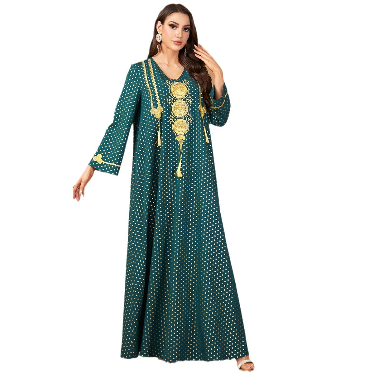 2855 Middle East Cross-Border New Temperament V-Neck Muslim Robe Embroidered Hot Stamping Long-Sleeved Dress For Women - Image 5