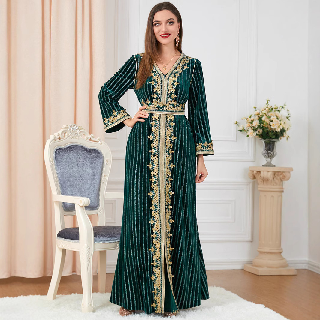 3271 Cross-Border Women's Clothing Downstream Popular Long-Sleeved Slit Autumn And Winter Women's Wear Arabic Velvet Dress - Image 2