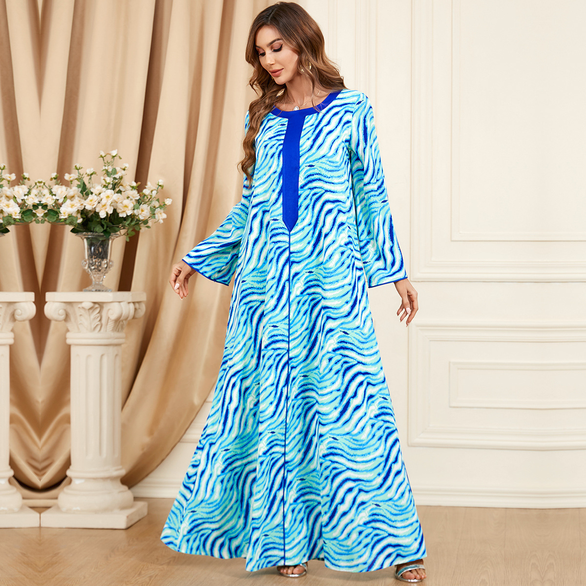 3441 Spot Wholesale Middle East Dubai Women's Clothing Spliced Extra Long Sleeve Spring Women's Abaya Casual Dress - Image 2