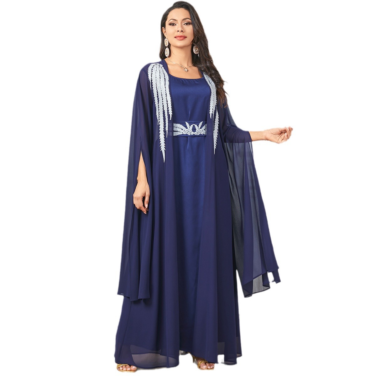 3920 Middle East Amazon Cross-Border New Light Dress With Large Swing Solid Color Loose Robe Two-Piece Dress - Image 5