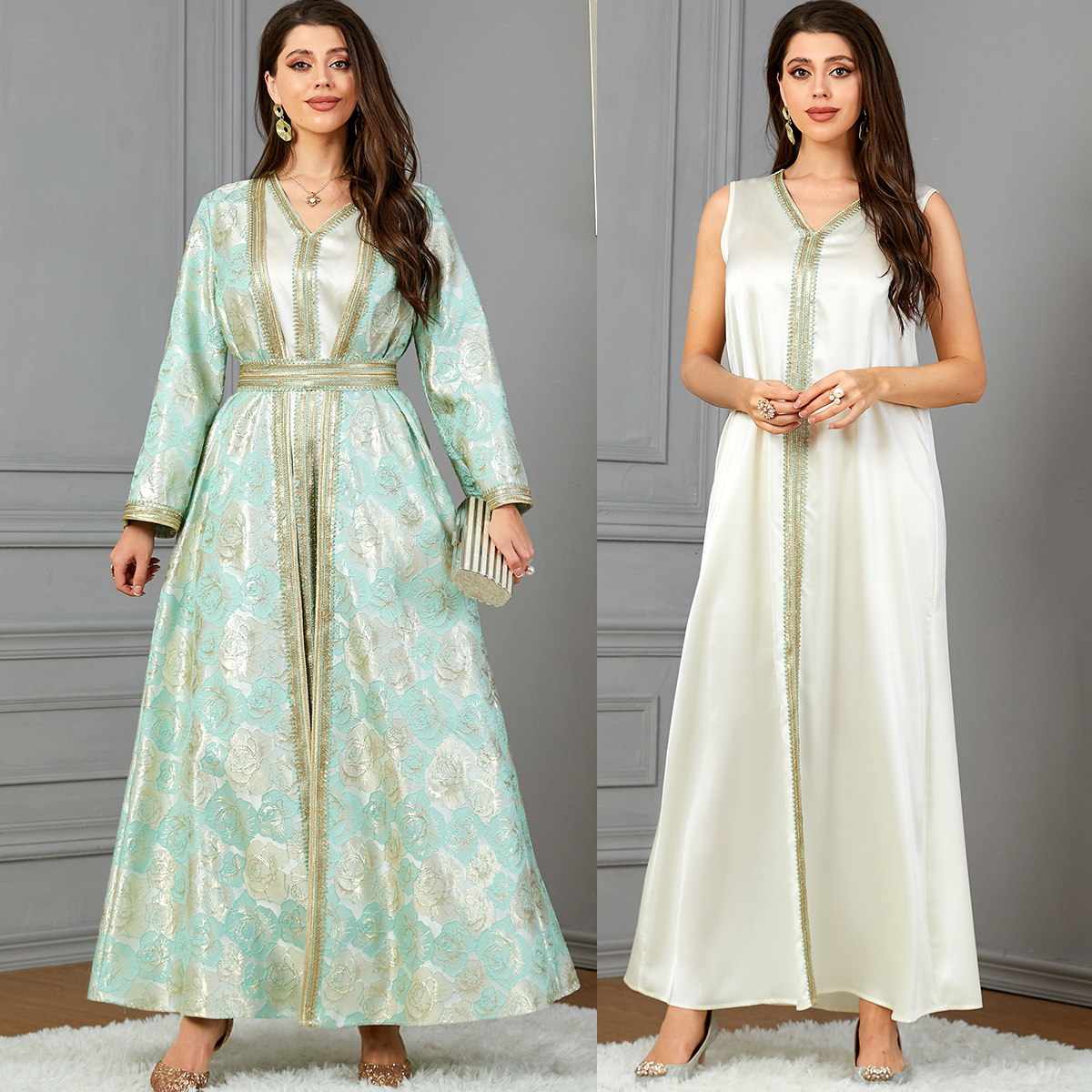 3775 Middle East Arabian 2023 Autumn And Winter New Rose Jacquard Suit Ready-Made Muslim Women's Dress - Image 4