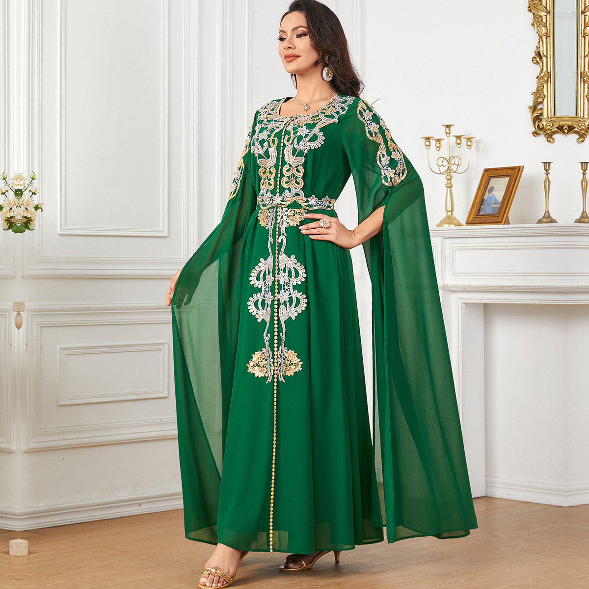 3914 Middle East Dubai Europe And America Cross-Border Amazon Women's Muslim Fashion Robe Large Swing Super Long Sleeve Dress - Image 4