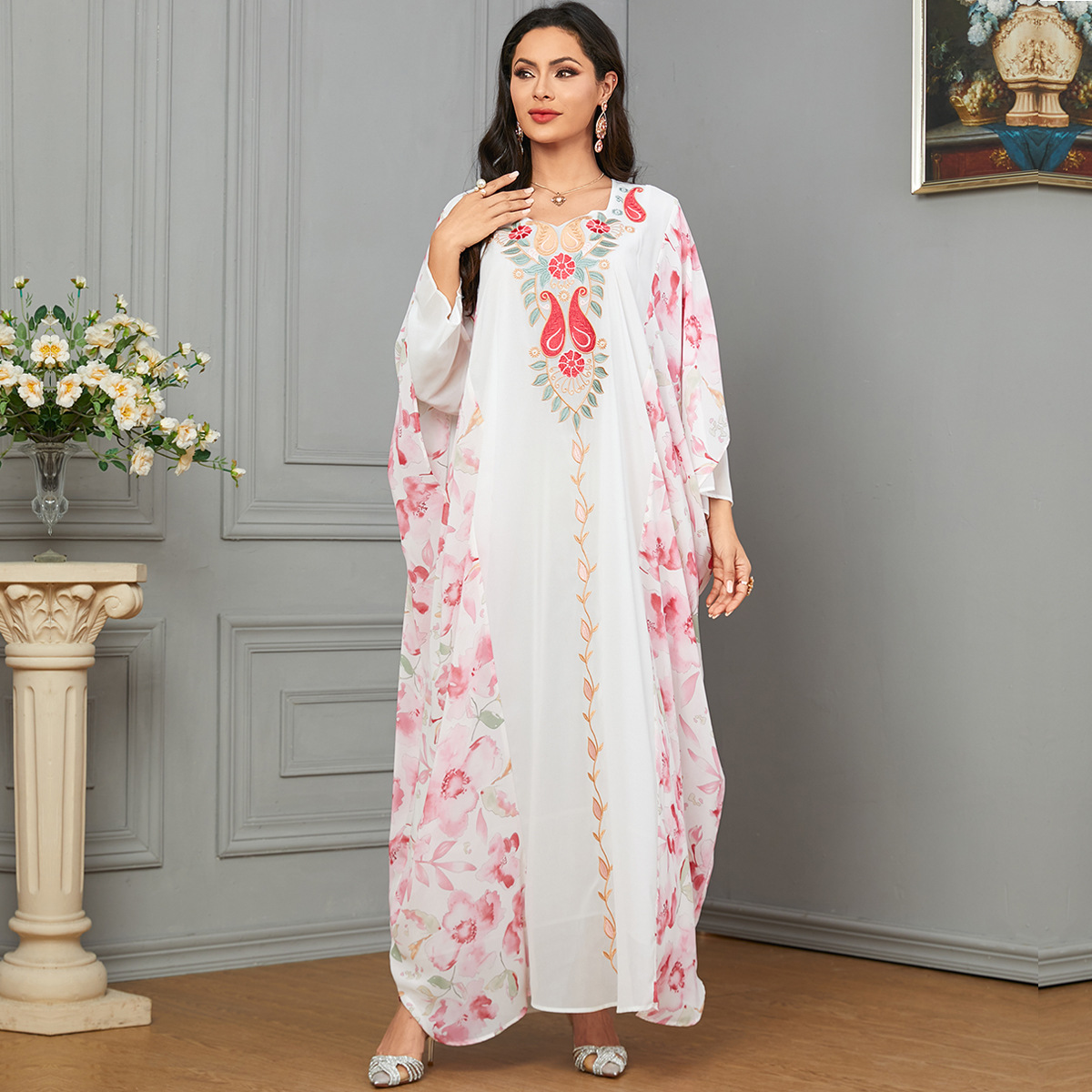 3628 Muslim Women's Arabian Dubai Abaya Embroidered Digital Print Fashion Contrast Color Bat Sleeve Dress - Image 4