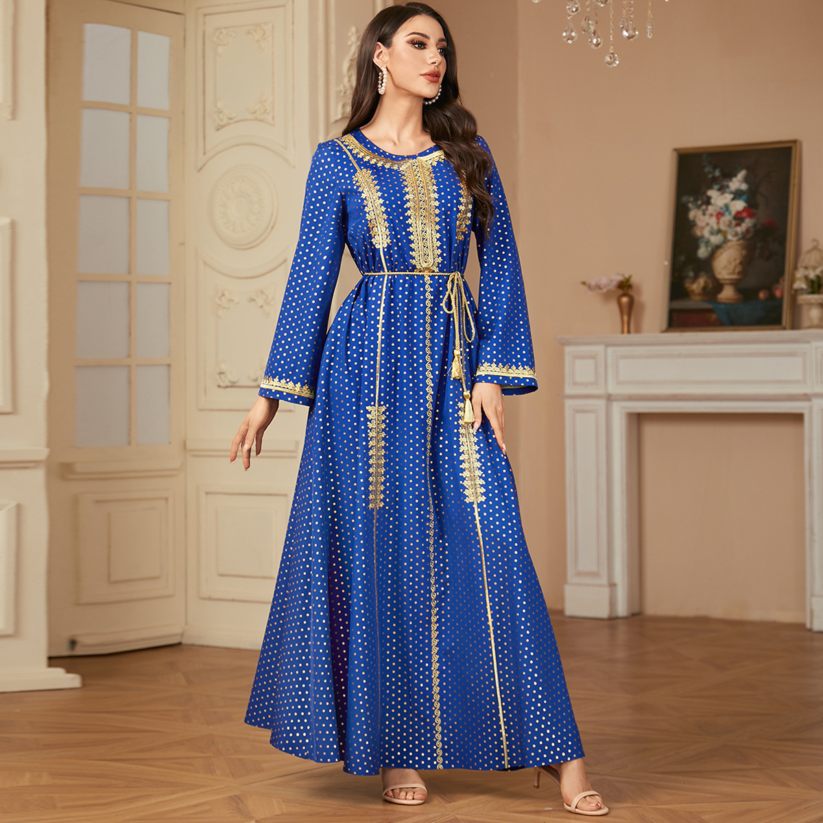2790 Middle East Cross-Border Arabic Robe Women's Polka Dot Bronzing Embroidery Round Neck Long Skirt New Dress