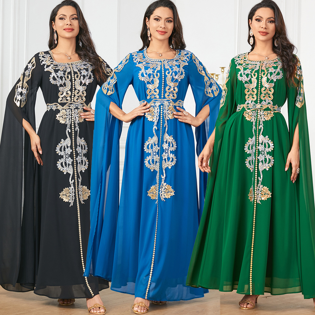 3914 Middle East Dubai Europe And America Cross-Border Amazon Women's Muslim Fashion Robe Large Swing Super Long Sleeve Dress