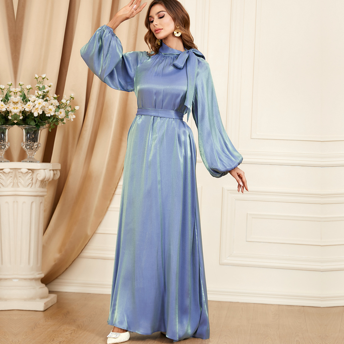 3349 Middle Eastern Women's Arabic Clothing New Lace-Up Solid Color Cross-Border Long-Sleeved European And American Foreign Trade Dress - Image 3