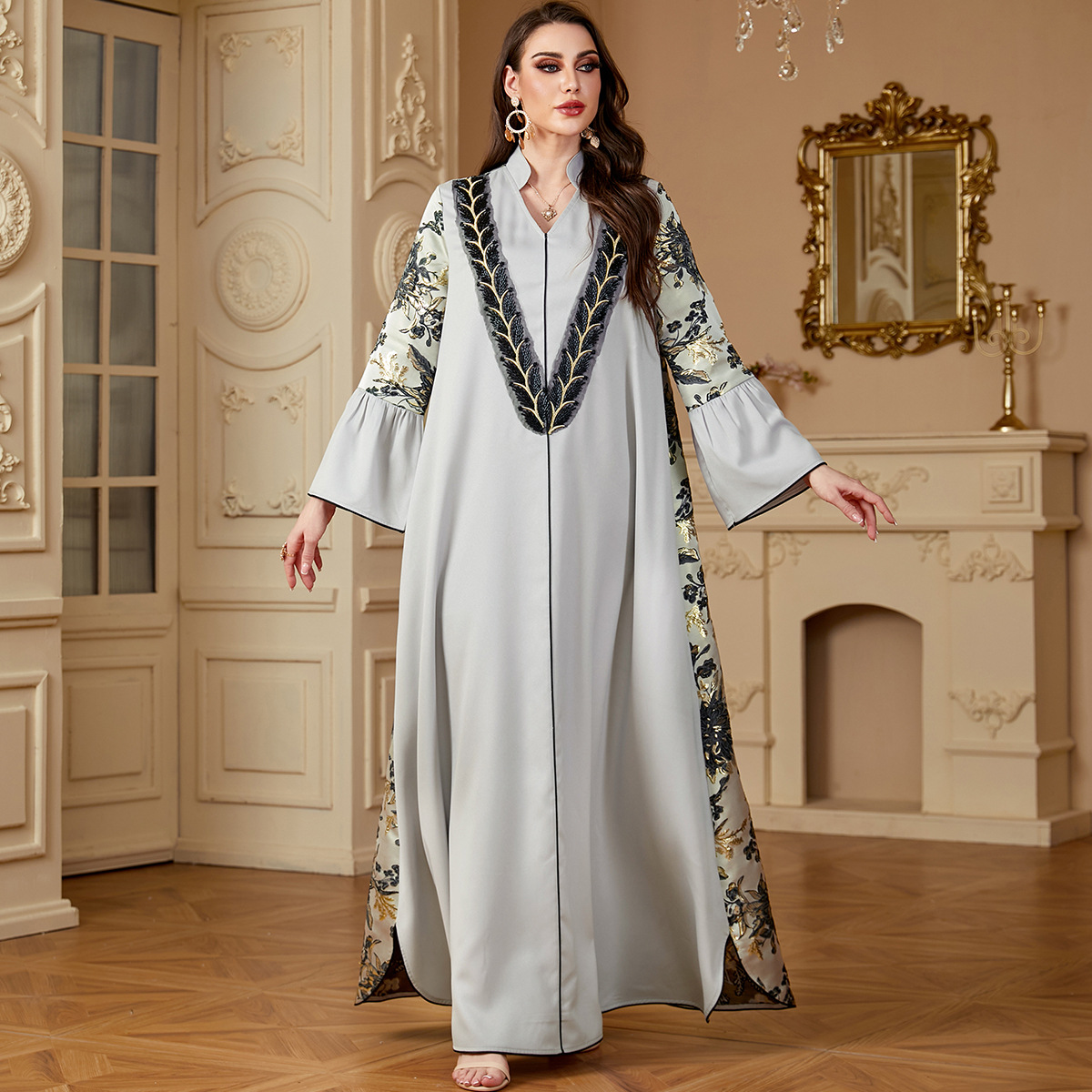 4174 Middle East Cross-Border Muslim Robe Women's Long Skirt Jacquard Stitching Contrast Embroidery V-Neck Long-Sleeved Dress - Image 6
