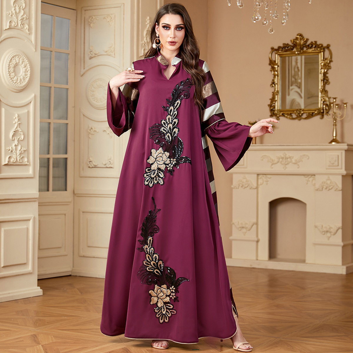 4162 Middle East Cross-Border New Style Spliced Long Skirt Loose Women's Robe Muslim Striped Contrast Stitching Dress - Image 3