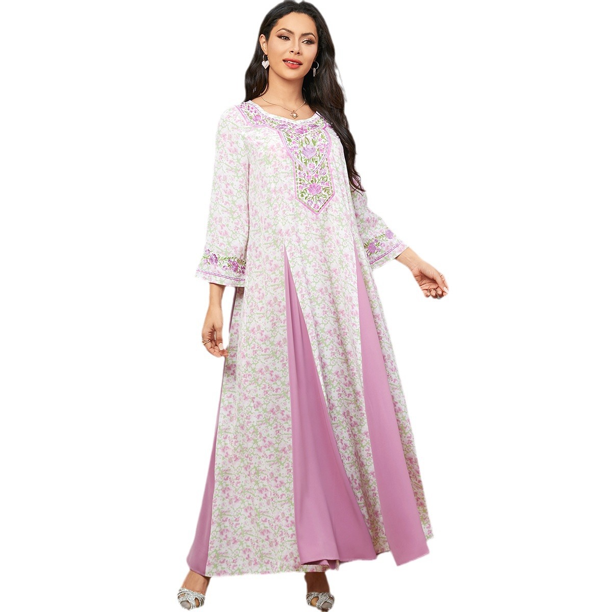 3707 Middle East Amazon Cross-Border New Elegant Women's Dubai Long Skirt Embroidered Contrasting Color Splicing Dress - Image 5