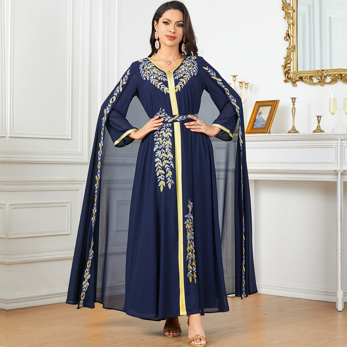 3932 Middle East Cross-Border Fashion Embroidered One-Piece Evening Gown Women's Arabian Robe Dubai Dress