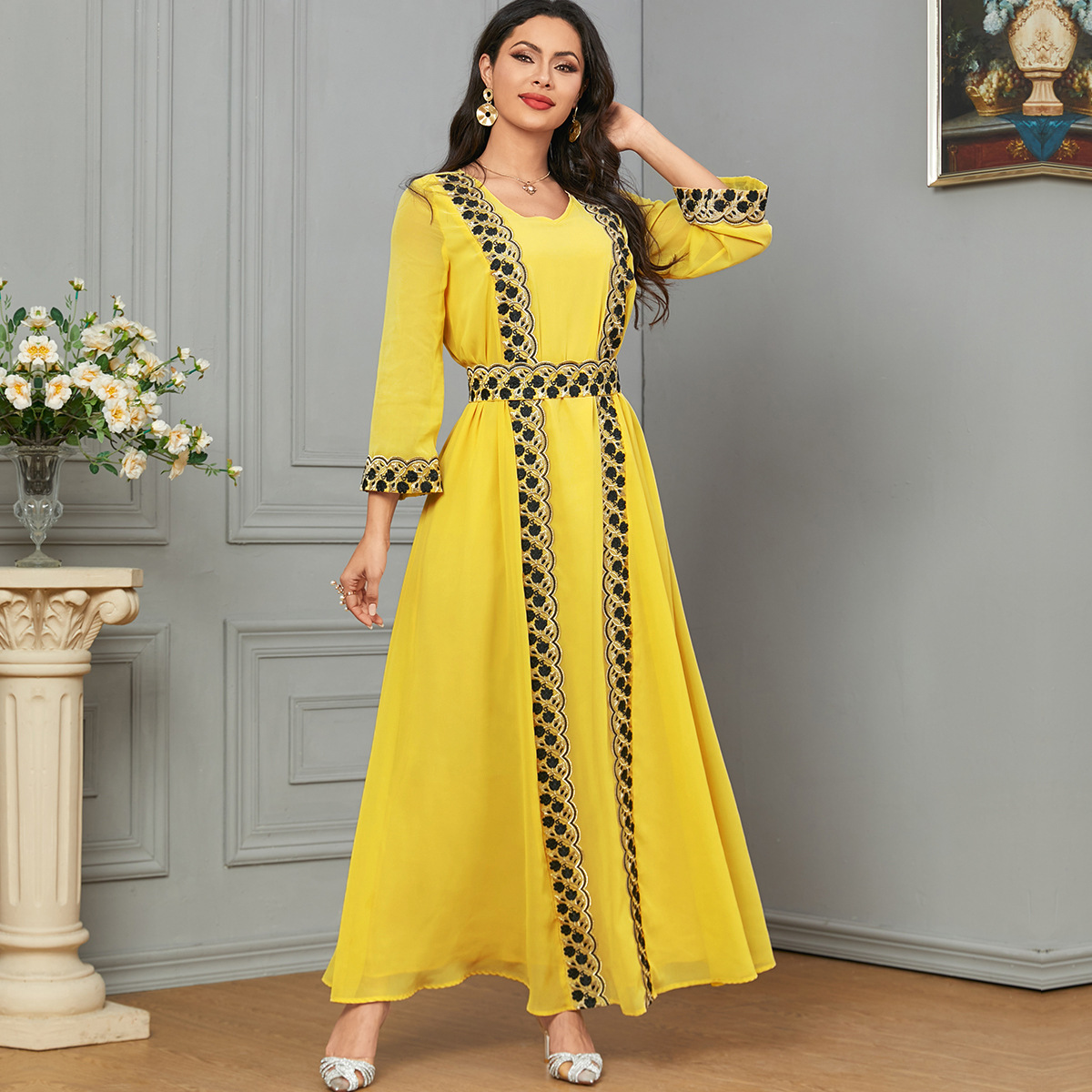 3678 Southeast Asia Hot Selling Cross-Border Muslim New Women's Clothing Middle East Dubai Arabian Robe Solid Color Dress - Image 3