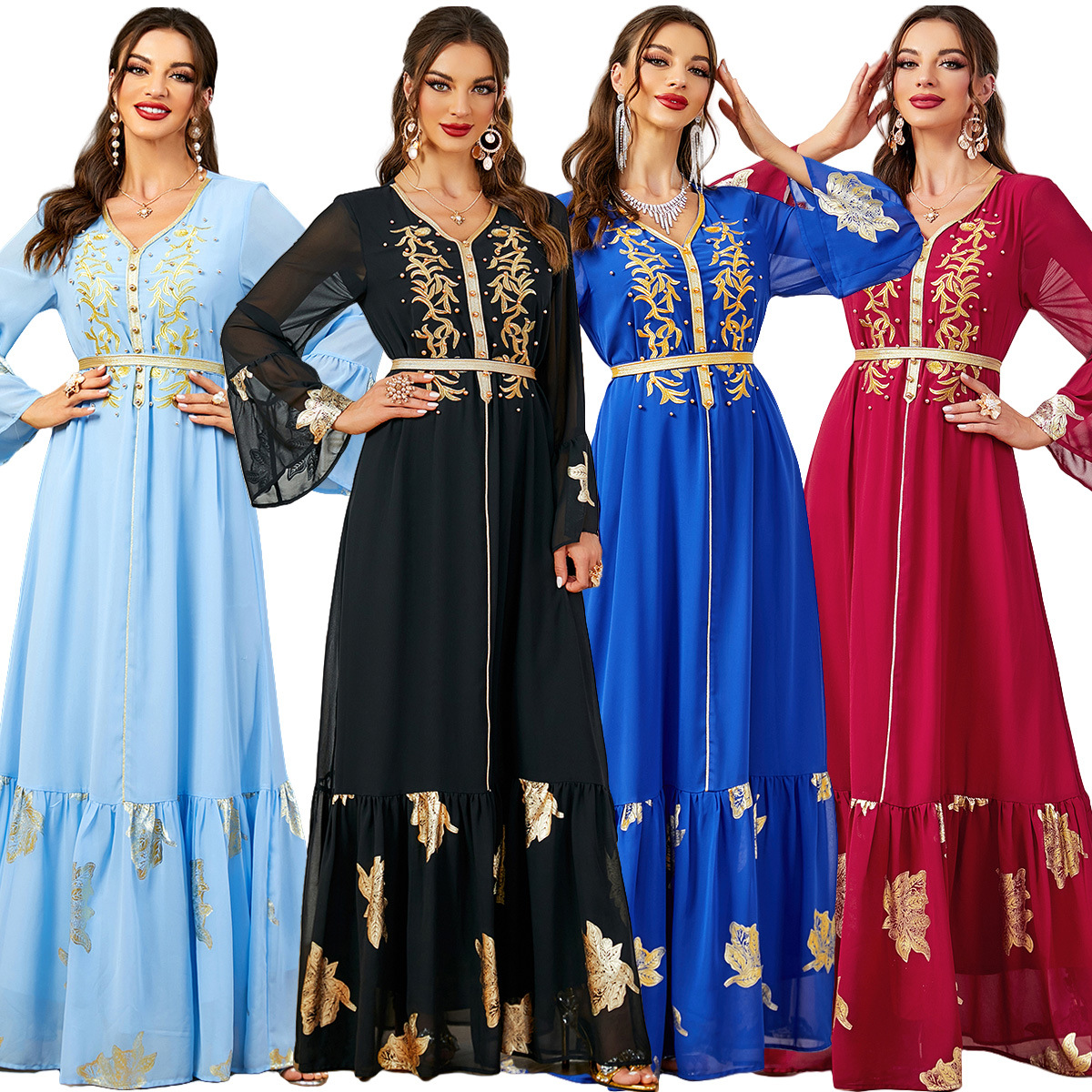 3599 European And American Foreign Trade E-Commerce Middle East Popular Cross-Border Multi-Color Hot Stamping Embroidered Jalabiya Dubai Dress