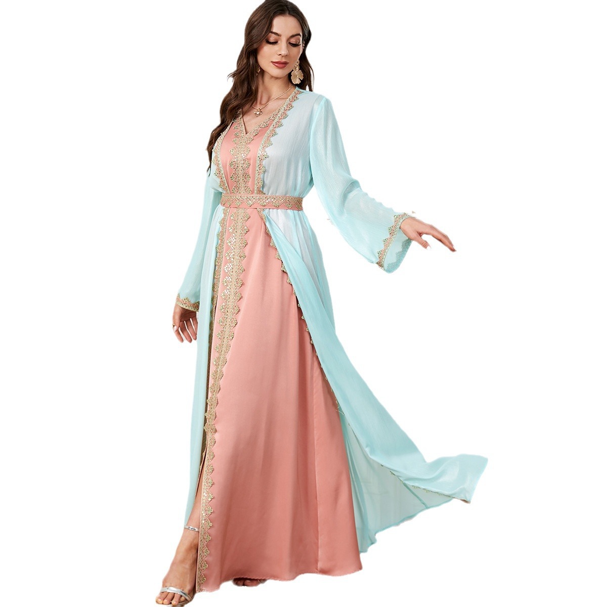 3496 Middle East Dubai Cross-Border Elegant Cardigan Two-Piece Women's Long Skirt Muslim Robe European And American Dress - Image 5