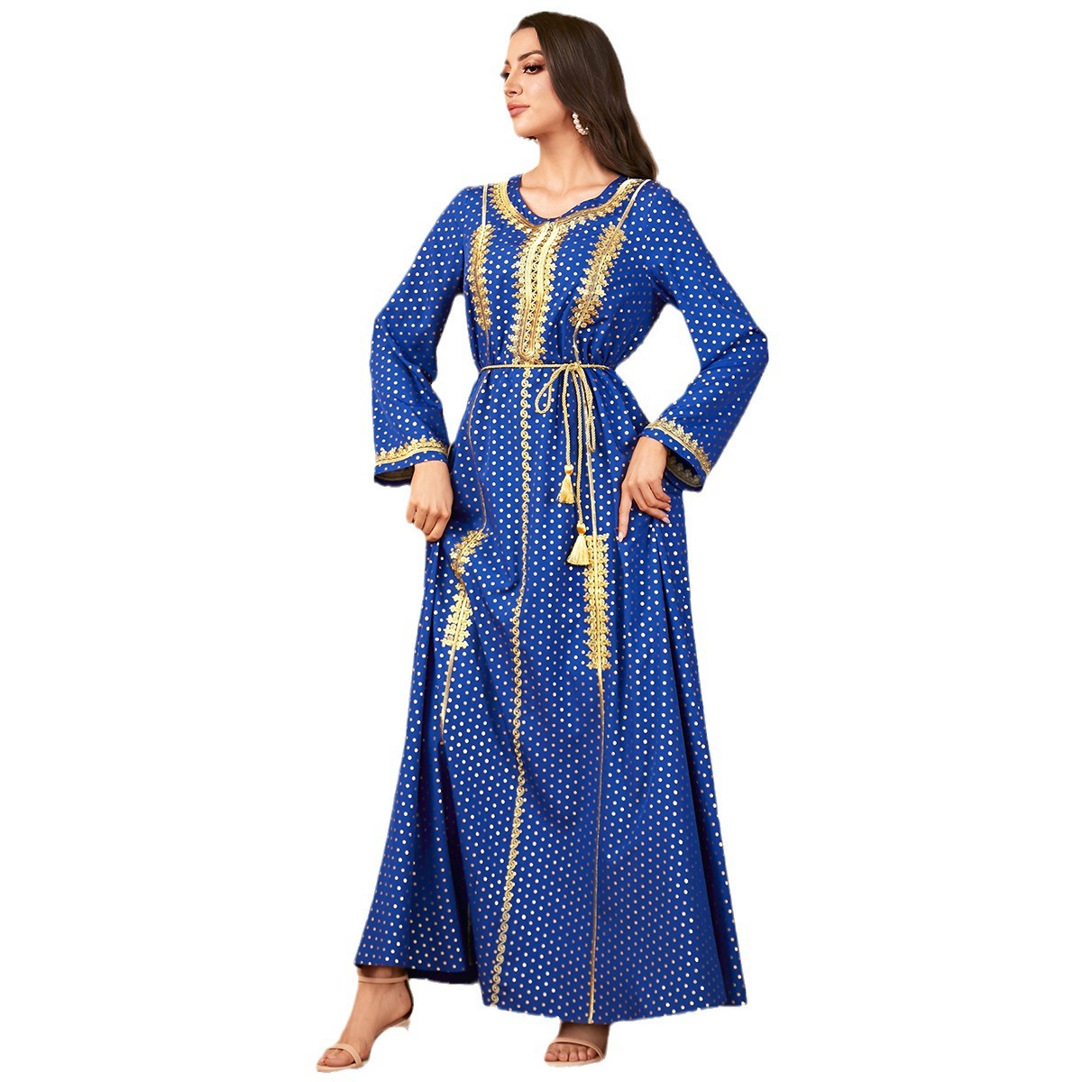 2790 Middle East Cross-Border Arabic Robe Women's Polka Dot Bronzing Embroidery Round Neck Long Skirt New Dress - Image 5
