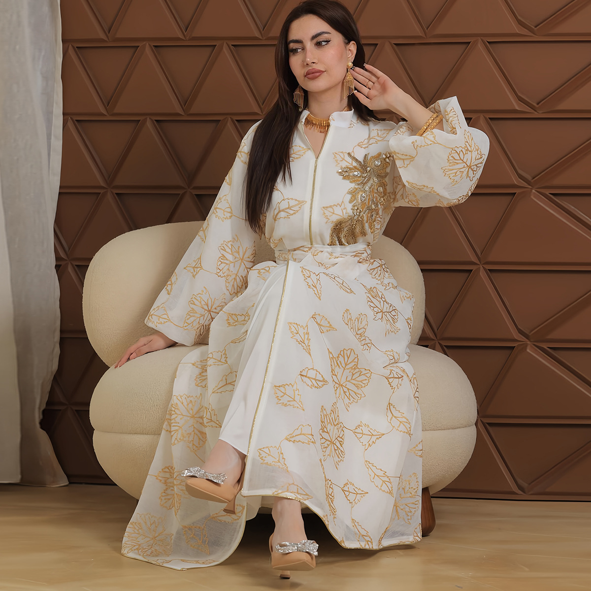 4064 Middle East Cross-Border New Fashion And Elegant Embroidered Women's Muslim Long Skirt Abaya Two-Piece Dress - Image 2