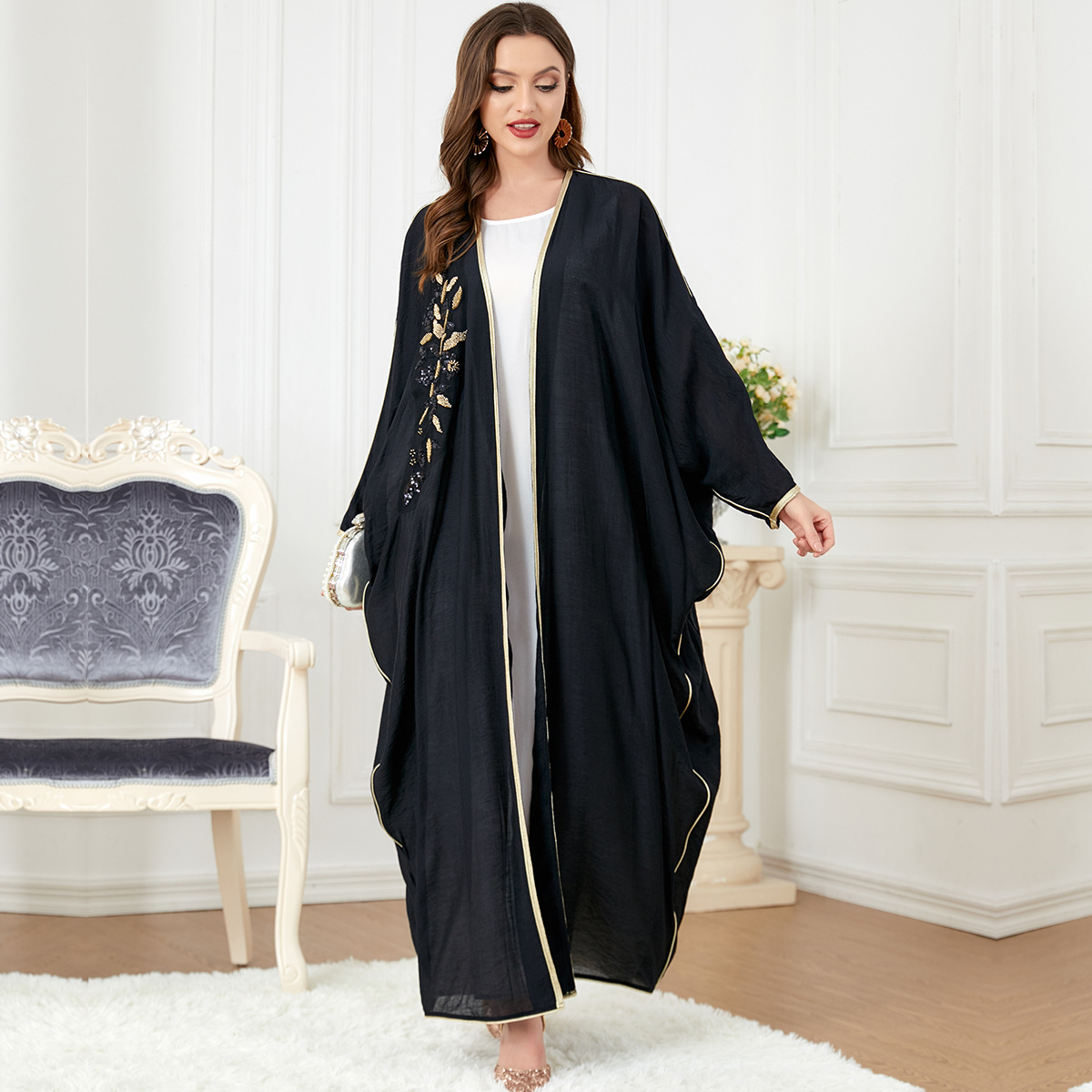 3276Bnsq Muslim Women's Middle East Cross-Border Long-Sleeved Splicing Bat-Sleeve Slim Dress Autumn New Product - Image 3