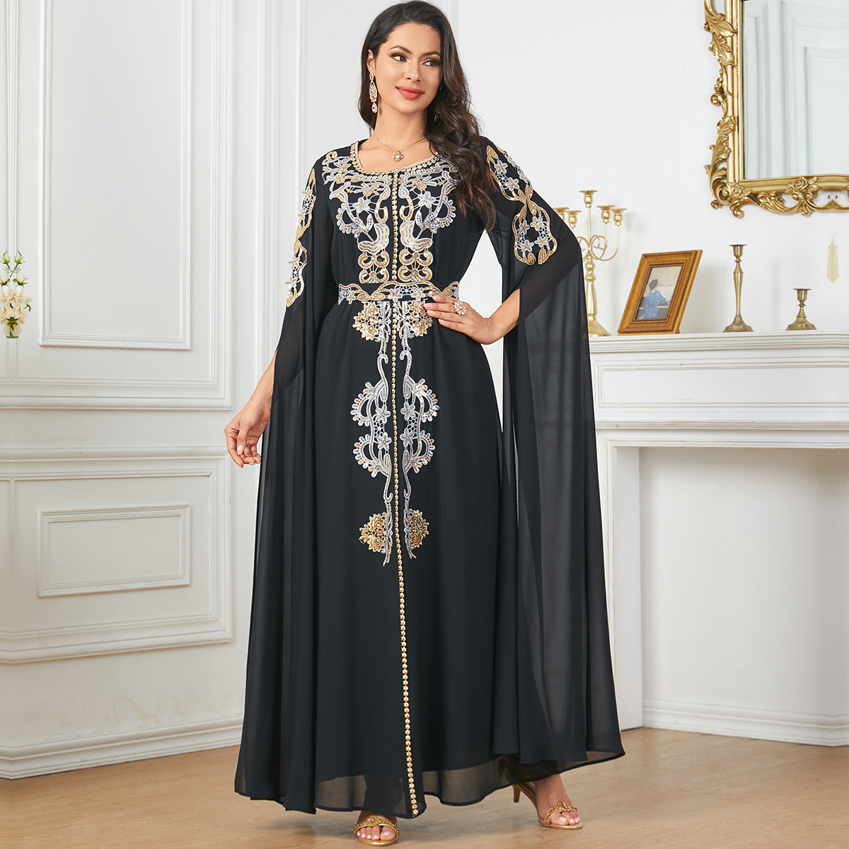 3914 Middle East Dubai Europe And America Cross-Border Amazon Women's Muslim Fashion Robe Large Swing Super Long Sleeve Dress - Image 2