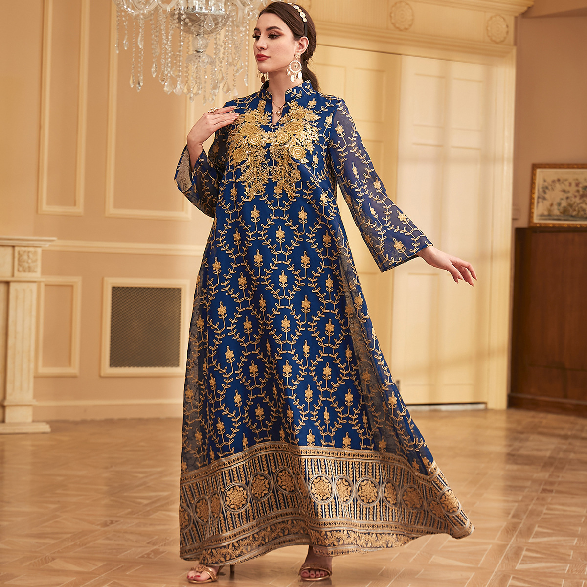 3970 Middle East Cross-Border New Embroidery Positioning Flower Long Skirt Muslim Robe Arabic Women's Casual Dress - Image 2