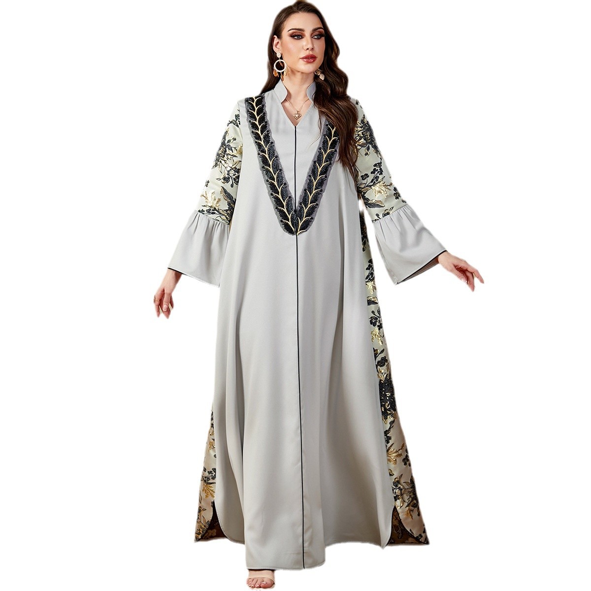 4174 Middle East Cross-Border Muslim Robe Women's Long Skirt Jacquard Stitching Contrast Embroidery V-Neck Long-Sleeved Dress - Image 5