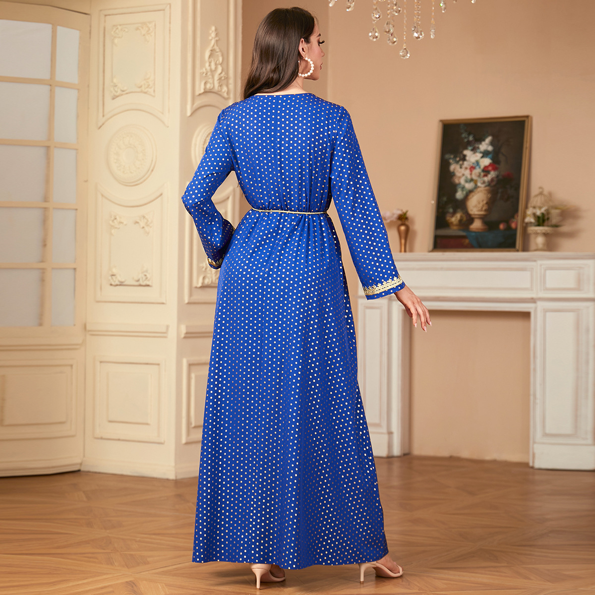 2790 Middle East Cross-Border Arabic Robe Women's Polka Dot Bronzing Embroidery Round Neck Long Skirt New Dress - Image 4