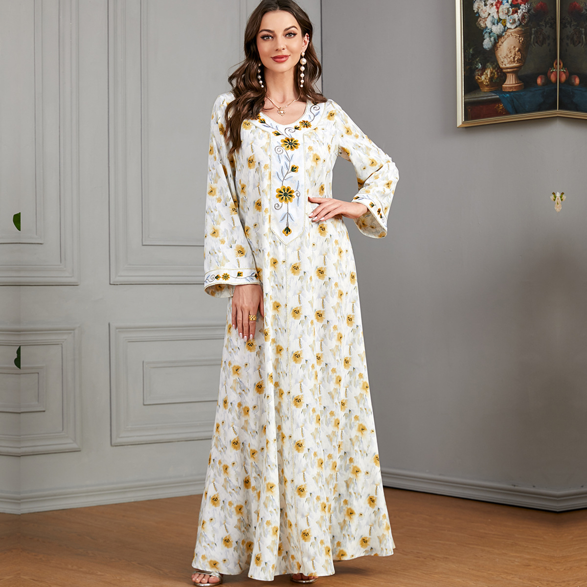 3519 European And American Foreign Trade Cross-Border Middle Eastern Robe Women's Abaya Embroidered Muslim Women's Long-Sleeved Dress - Image 3