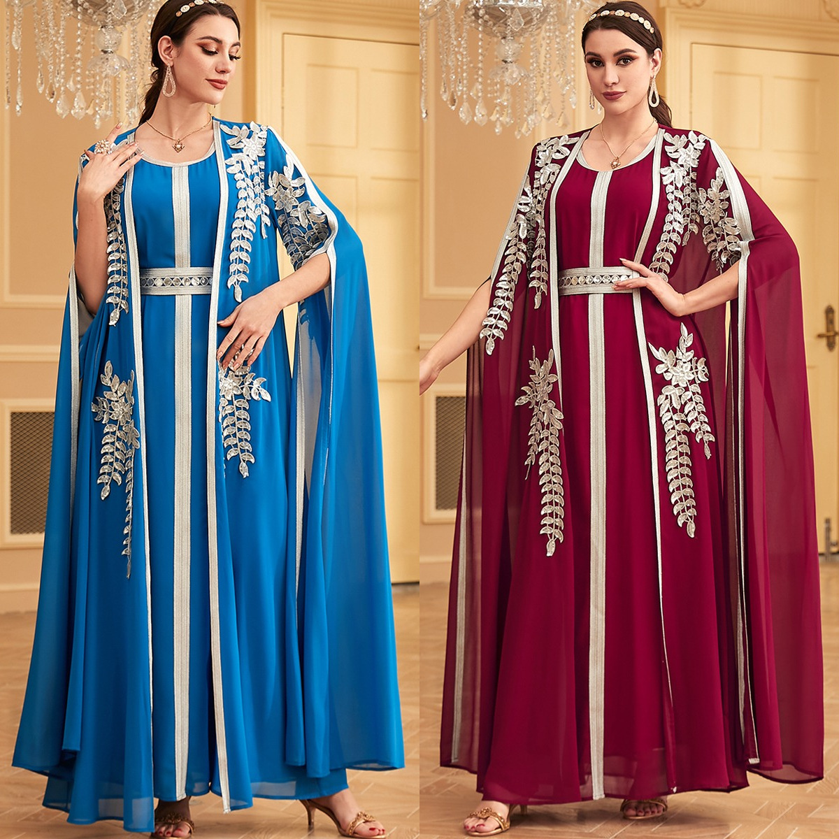 3936 Middle Eastern Muslim Robe Women's Long Skirt Abaya Cross-Border Fashion Dubai Foreign Trade Two-Piece Evening Dress