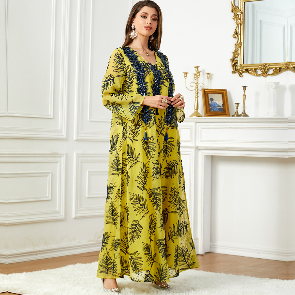 3740 Eid Al-Adha Arabian Clothing Dubai Embroidered Dress Muslim Women's Dinner Middle Eastern Robe - Image 3