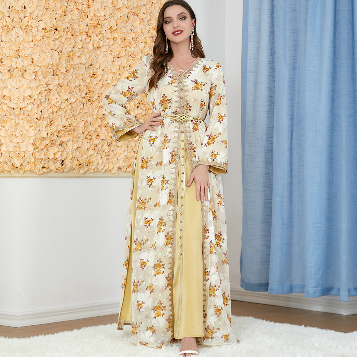 3283 Apricot Muslim Dress New Spring And Summer Women's Foreign Trade Two-Piece Long Skirt Cross-Border Long-Sleeved Dress